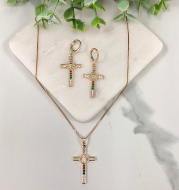 18K Gold Layered Oro Laminado Micro Cubic Zirconia Cutout Design Cross with Guadalupe In The Center Box Chain Necklace & Leverback Earrings Set 93.0297